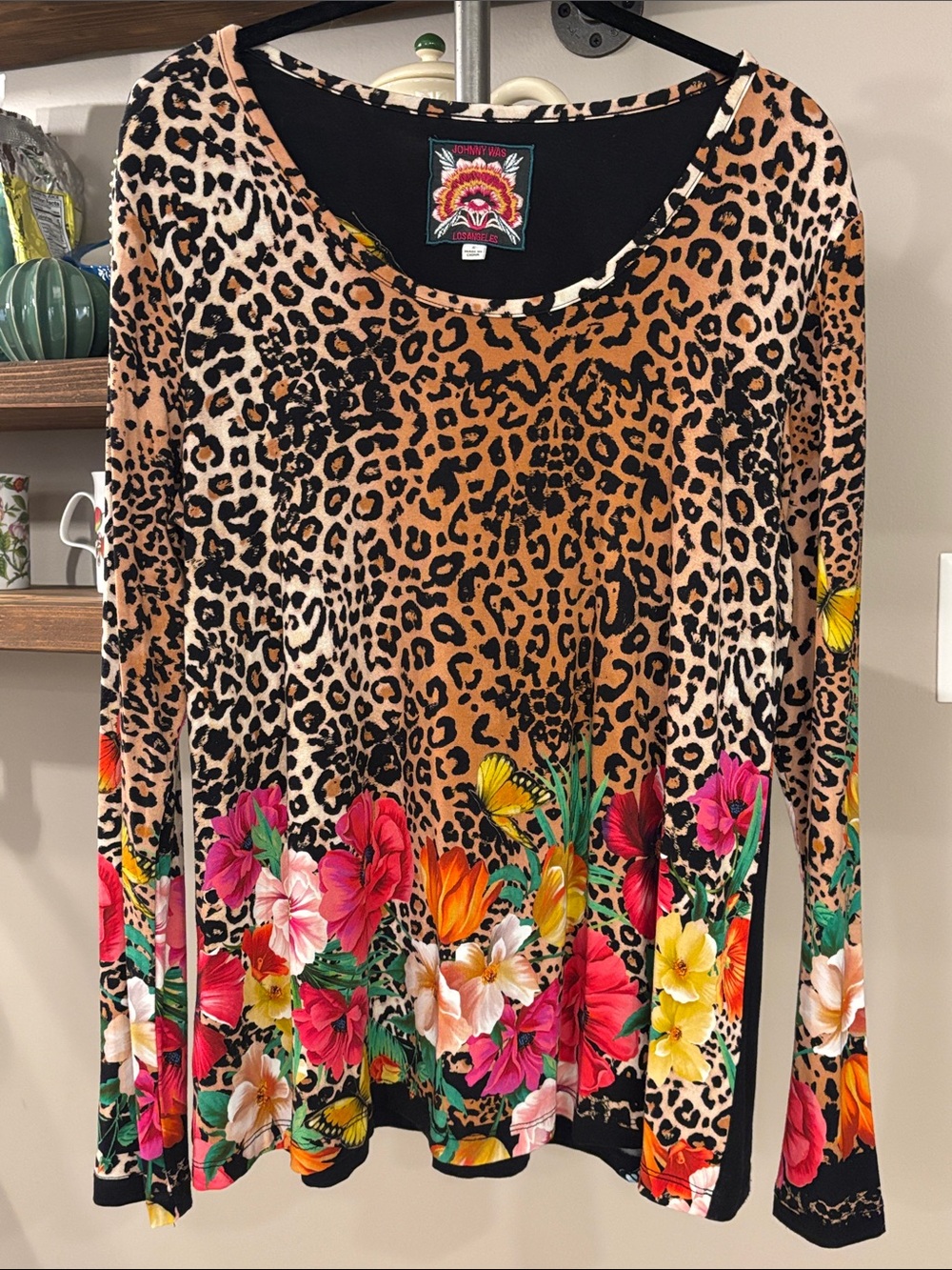Johnny Was Leopard Floral Butterfly Long Sleeve Top | Size Small